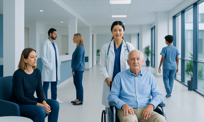Healthcare professionals and patients in a modern hospital corridor.