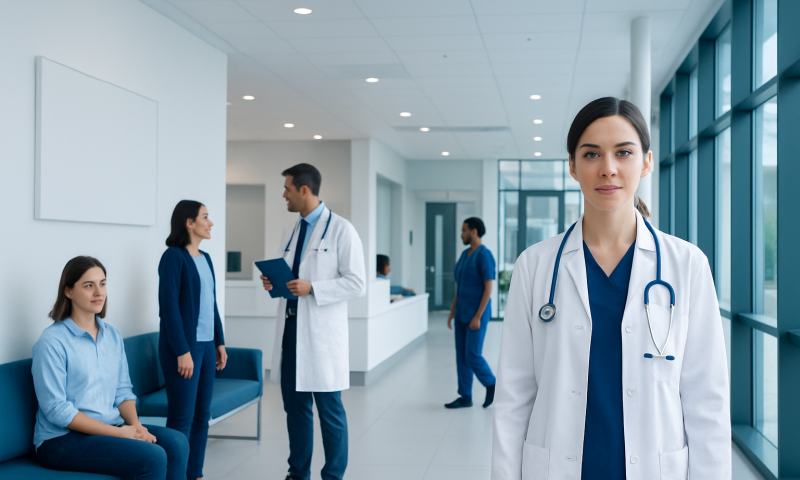 Healthcare professionals and patients in a modern hospital corridor.