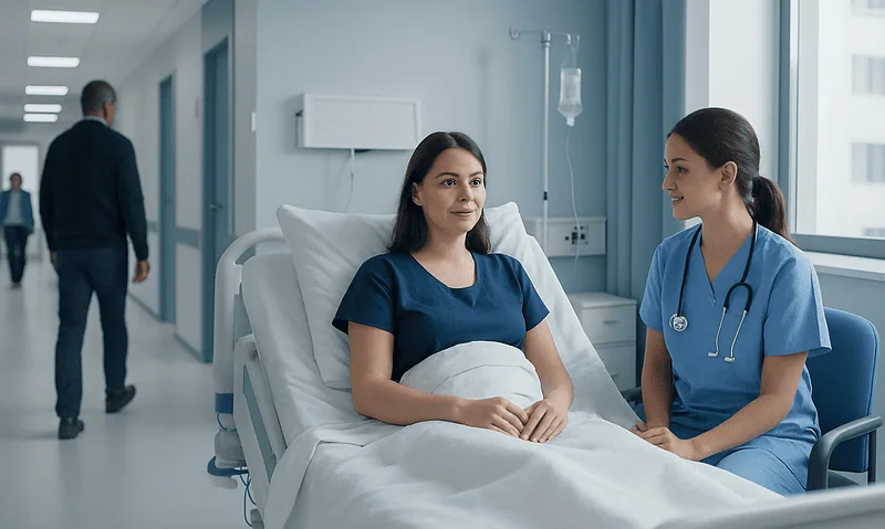 Cesarean Section Recovery: Pain, Activity, and When to Call Your Doctor 3 Patient in hospital bed with nurse, hospital corridor in background.