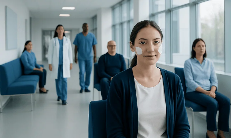 Young woman with cheek swelling in a hospital waiting area.