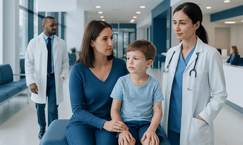Child and mother consulting with a doctor in a hospital corridor.