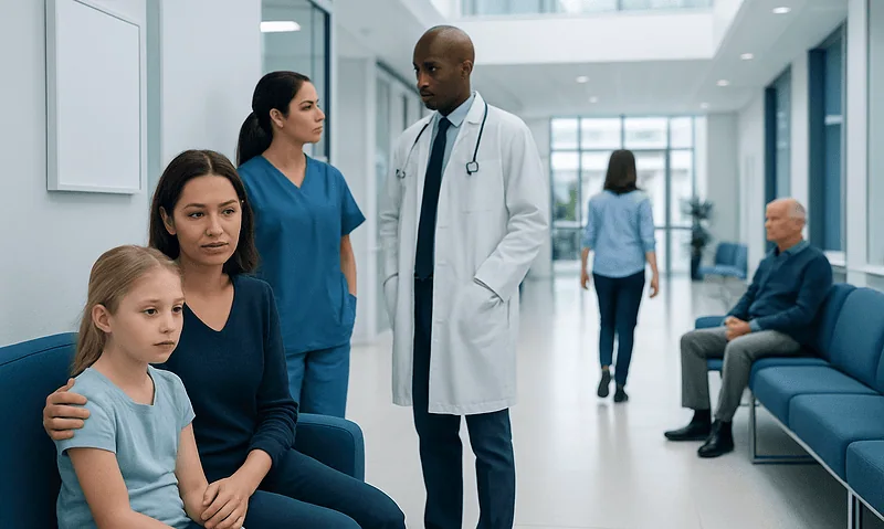 Medical consultation in a hospital with a doctor and a family of three.