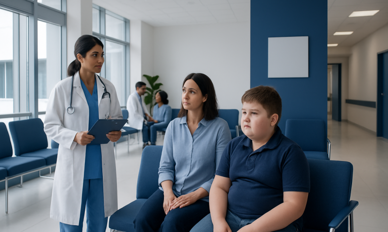 Doctor consulting with young boy and mother in hospital waiting area.