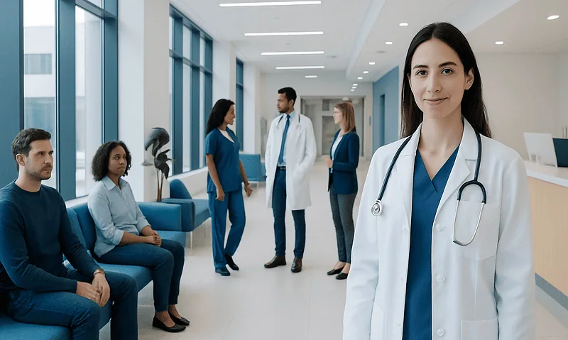 Healthcare professionals and patients in a modern hospital corridor.