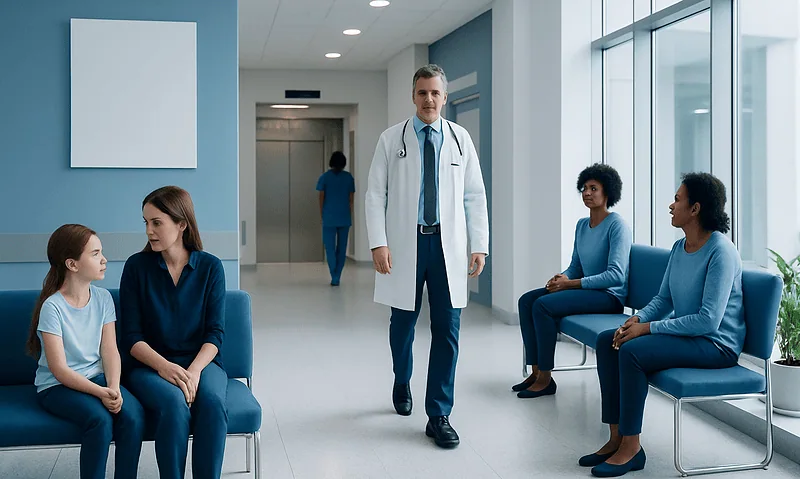 Doctor talking to young girl and mother in hospital waiting area.