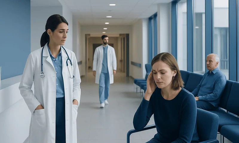 Doctor consulting a patient with headache in hospital corridor.