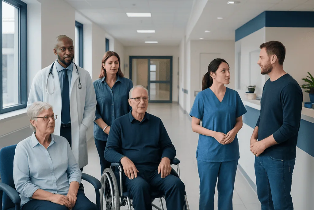 What Is Chronic Kidney Disease? A Clear Guide to CKD 1 Healthcare team consulting with elderly patients in hospital corridor.
