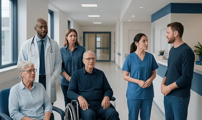 What Is Chronic Kidney Disease? A Clear Guide to CKD 16 Healthcare team consulting with elderly patients in hospital corridor.