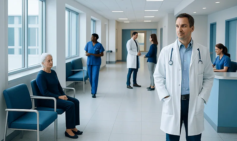 Living With Chronic Kidney Disease: Diet, Monitoring, and Daily Care 10 Healthcare professionals and patient in a modern hospital corridor.