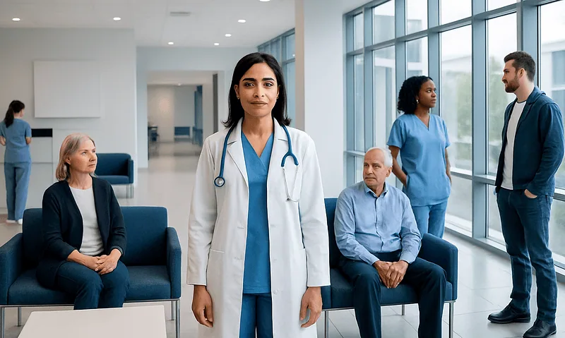 Healthcare professionals and patients in a hospital waiting area.