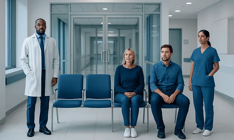 Medical team waiting in hospital corridor for patient consultation.