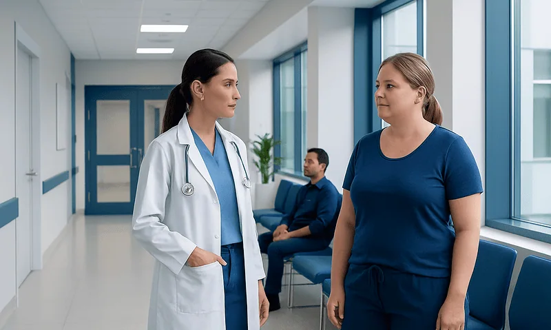 Doctor talking to patient in hospital corridor for liposuction recovery advice.
