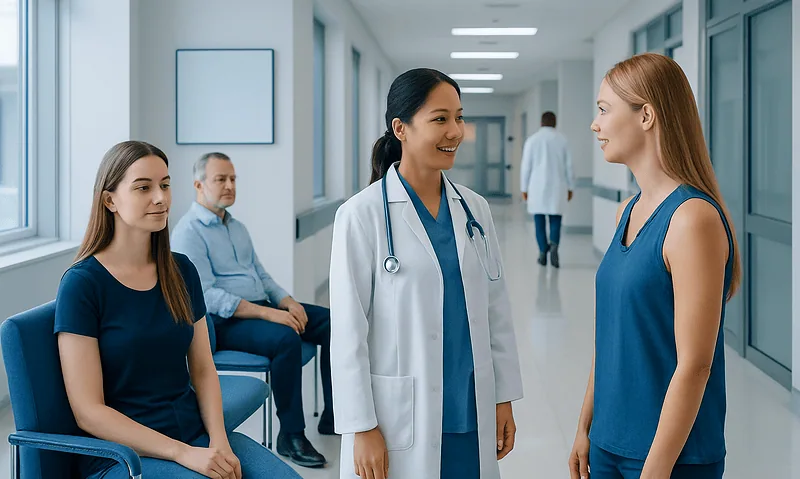 Healthcare professionals and patients in a hospital corridor.