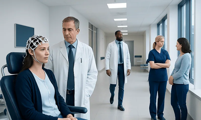 Medical professionals discussing patient care in a hospital corridor.