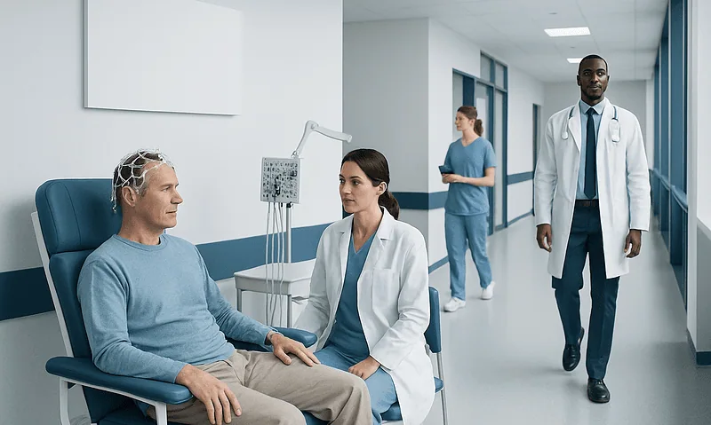 Doctor consulting patient in hospital corridor with medical staff nearby.