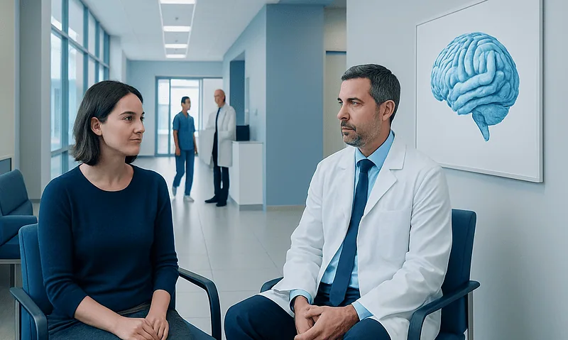 Neuropsychologist consulting a patient in a hospital corridor with brain diagram.