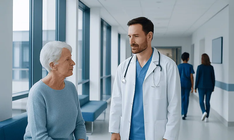Doctor consulting elderly patient in hospital corridor.