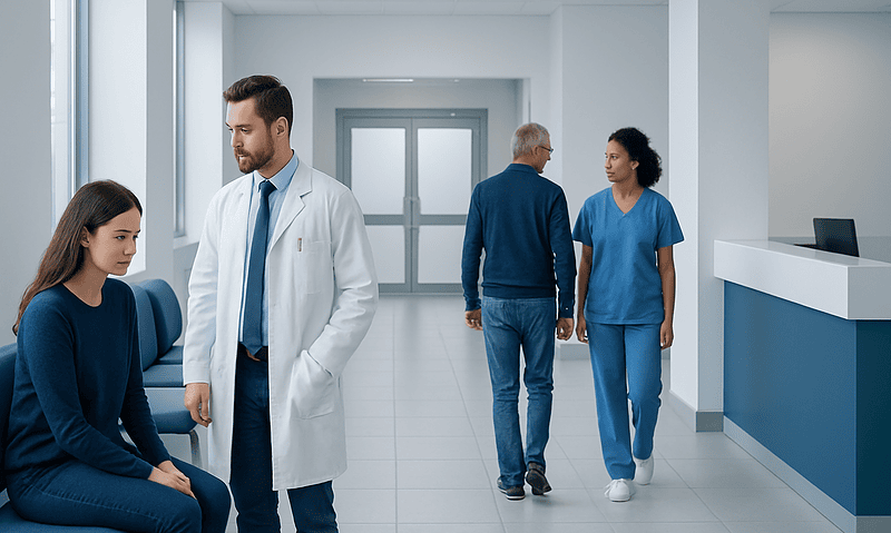 Medical consultation in a modern hospital corridor with healthcare professionals and patient.