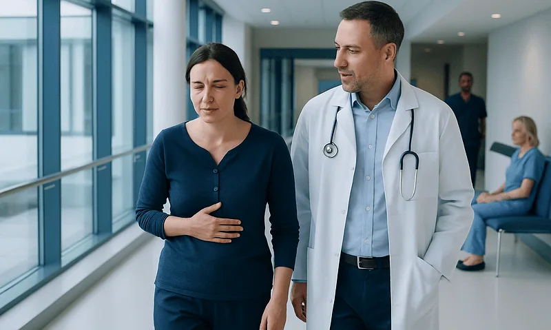 Doctor consulting with a patient about lung health in hospital corridor.