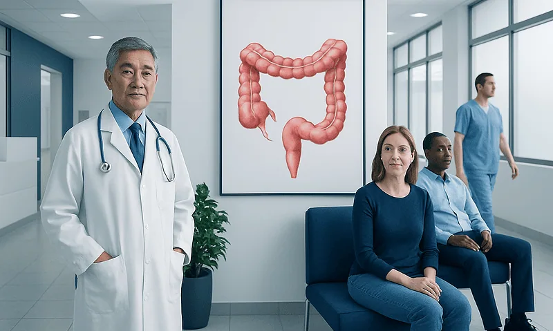Doctor and patients in a hospital waiting area with colon illustration.