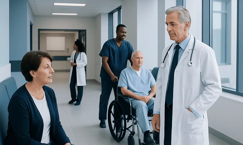 Doctor consulting with patient and family in hospital corridor.