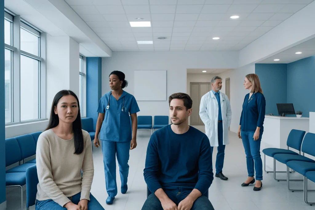Colored Contact Lenses: Safety Tips, Risks, and How to Choose the Right Fit 1 Patients and medical staff in a hospital waiting area at Acibadem Hospitals Group.