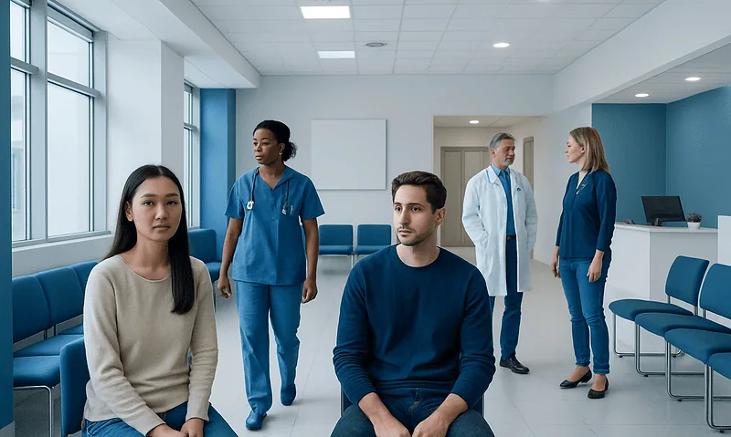 Patients and medical staff in a hospital waiting area at Acibadem Hospitals Group.