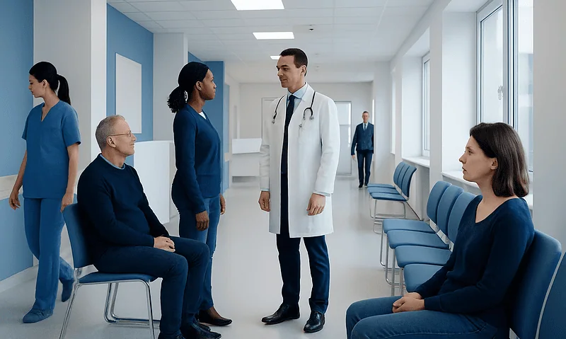 Doctor consulting patients in a hospital corridor with medical staff nearby.