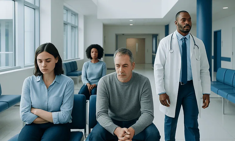 Patients waiting in a hospital corridor with a doctor present.