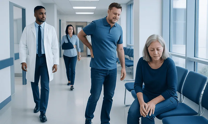Common Orthopedic Symptoms: Pain, Stiffness, Swelling, and Weakness 17 Patient experiencing knee pain in a hospital corridor with medical staff nearby.