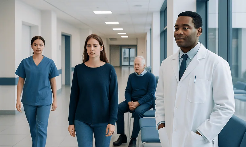 Medical professionals and patient in hospital corridor.