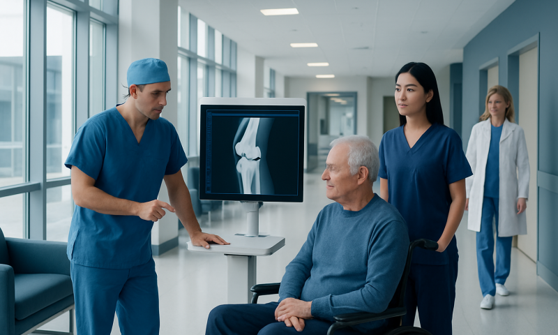 Computer-Assisted Knee Replacement: What to Expect Before, During, and After 9 Medical team discusses knee X-ray with elderly patient in hospital corridor.