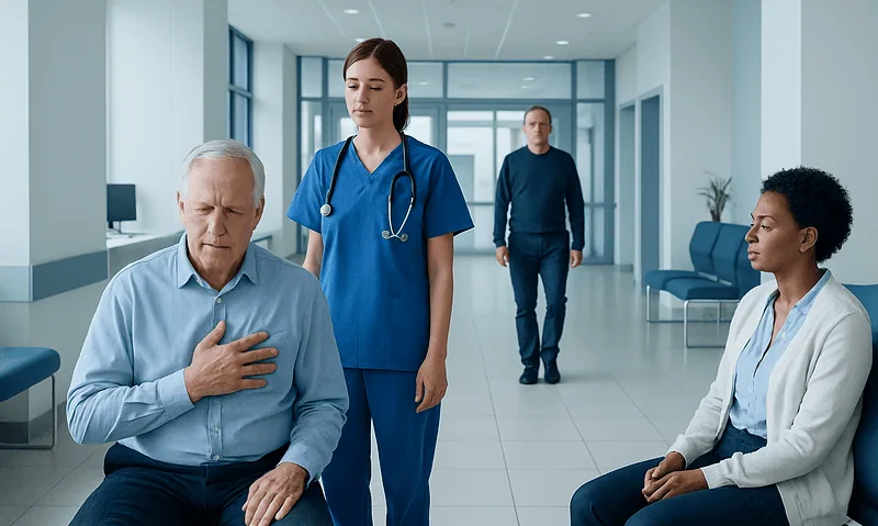 What Is Congestive Heart Failure? Causes, Symptoms, and Stages 1 Patient experiencing chest pain with medical staff in hospital corridor.