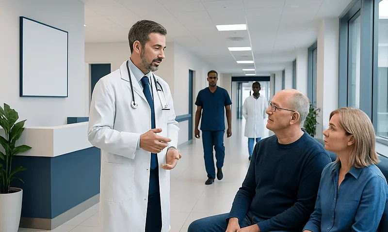 Doctor consulting with patients in a hospital corridor.