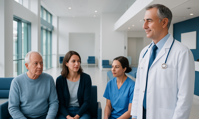 Doctor consulting with patients in hospital waiting area.