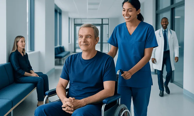 Healthcare professional assisting a patient in a wheelchair in a hospital corridor.