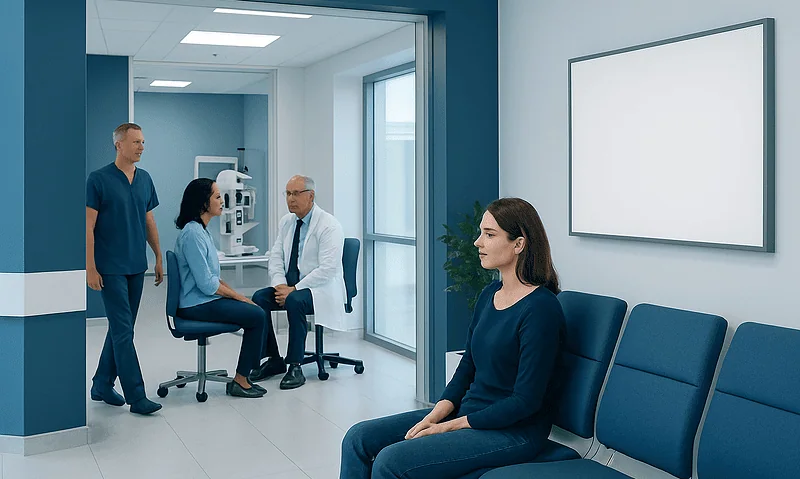 Patient consulting with doctor in a modern hospital waiting area.