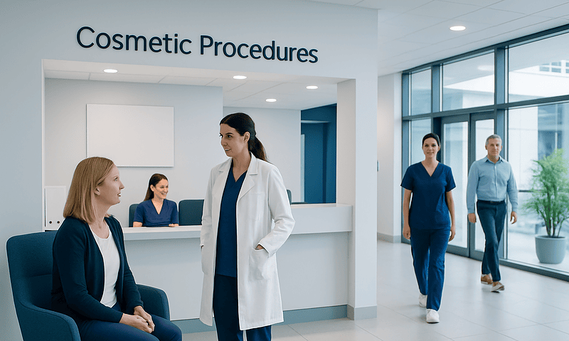 Medical staff and patients at a cosmetic procedures clinic reception area.