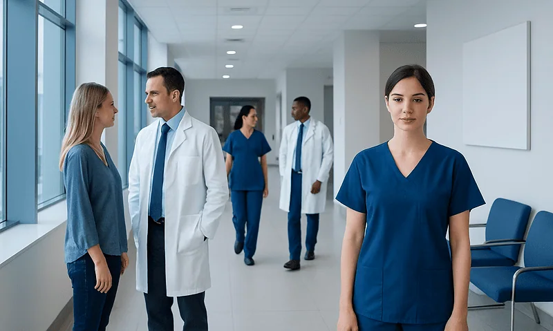 Medical team at Acibadem Hospital corridor with healthcare professionals and staff.