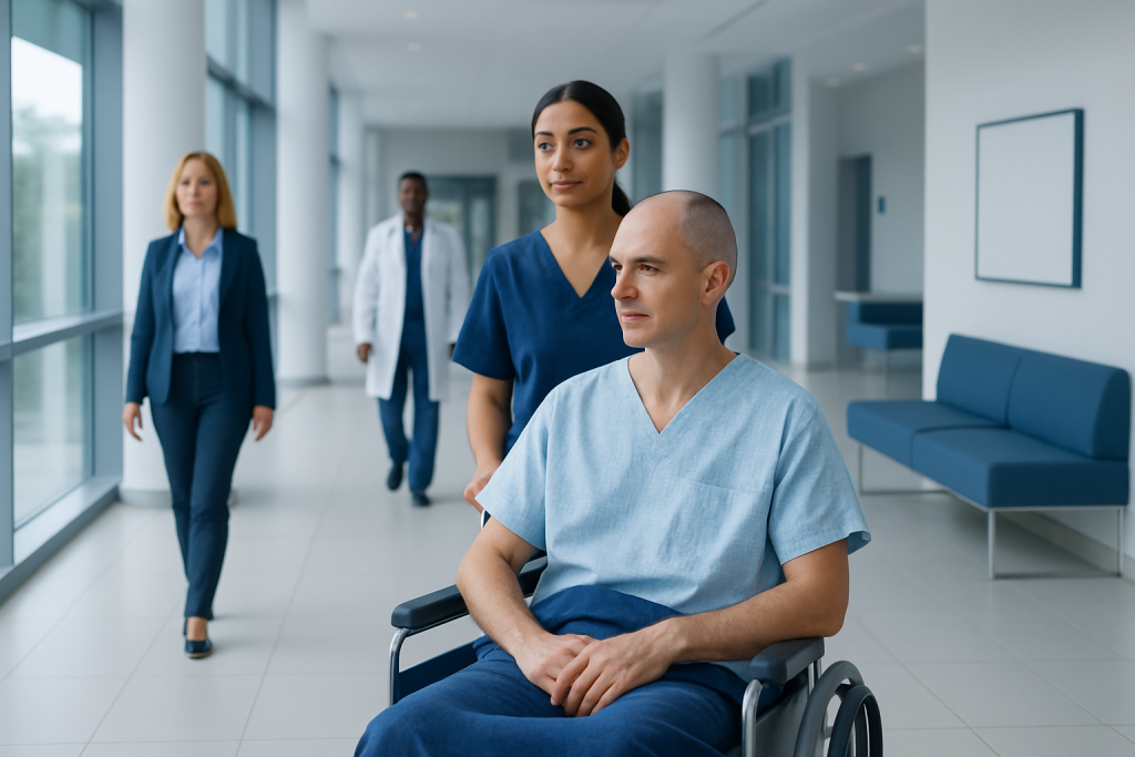 Craniotomy Recovery: Healing Stages, Activity Limits, and Follow-Up Care 1 Hospital staff assisting a patient in a wheelchair in a modern corridor.