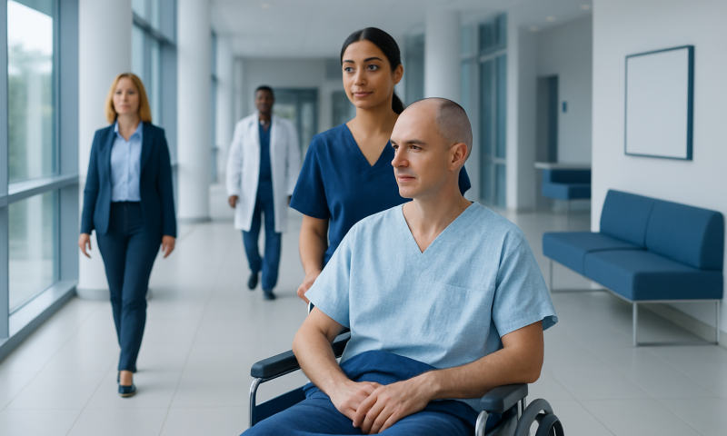 Hospital staff assisting a patient in a wheelchair in a modern corridor.