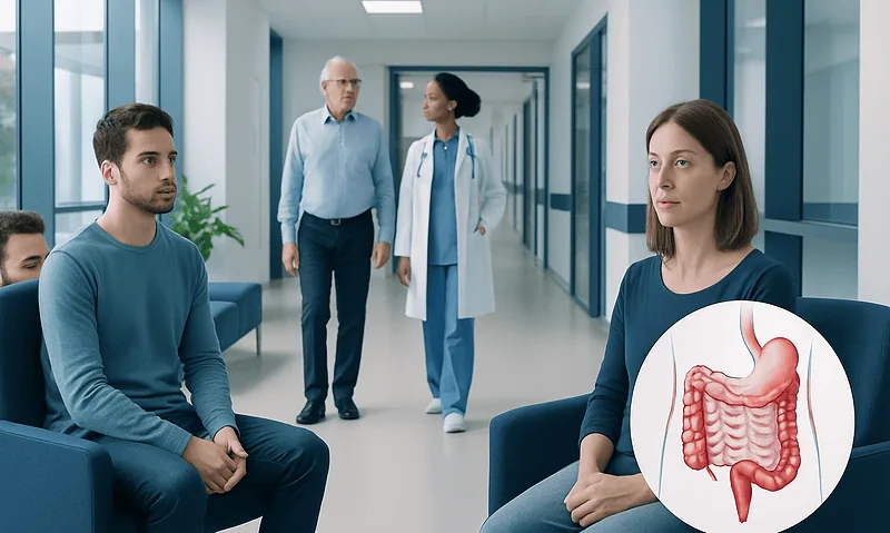 Doctor explaining Crohn's disease symptoms to patients in hospital corridor.