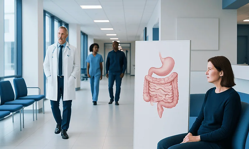 Doctor and patients in a hospital corridor with a stomach diagram.