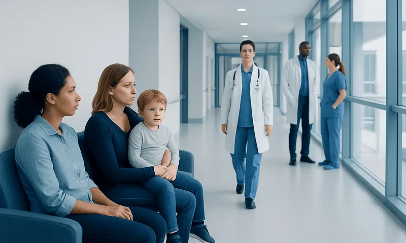 Children and parents waiting in a hospital corridor with medical staff nearby.