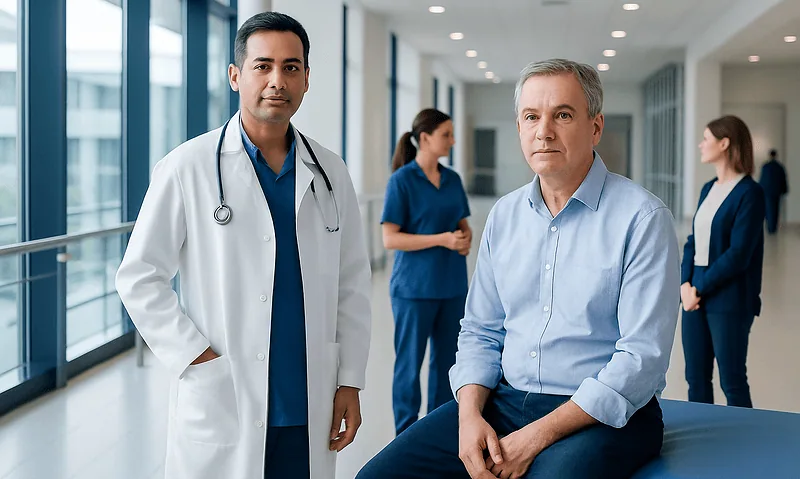 Urologist consulting with patient in hospital corridor.