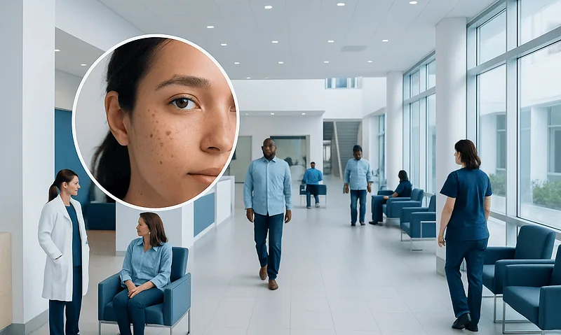 Young woman with dark spots on skin, in a hospital waiting area.
