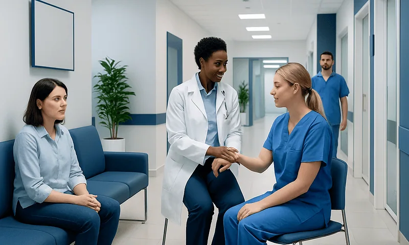 De Quervain Syndrome Treatment: Exercises, Injections, and Surgery 5 Doctor shaking hands with patient in hospital corridor.