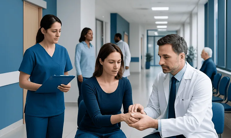 De Quervain’s Tenosynovitis Treatment: Options, Recovery, and When Surgery Helps 11 Doctor examining patient's hand in hospital corridor.