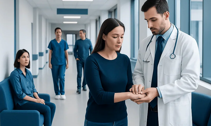 Doctor examining patient's wrist in hospital corridor.