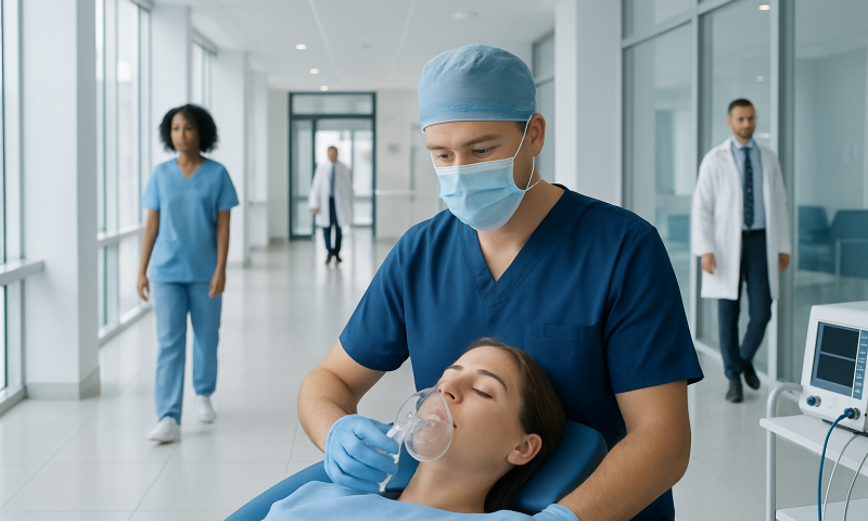 Dental anesthesiologist administering anesthesia to a patient in a hospital corridor.